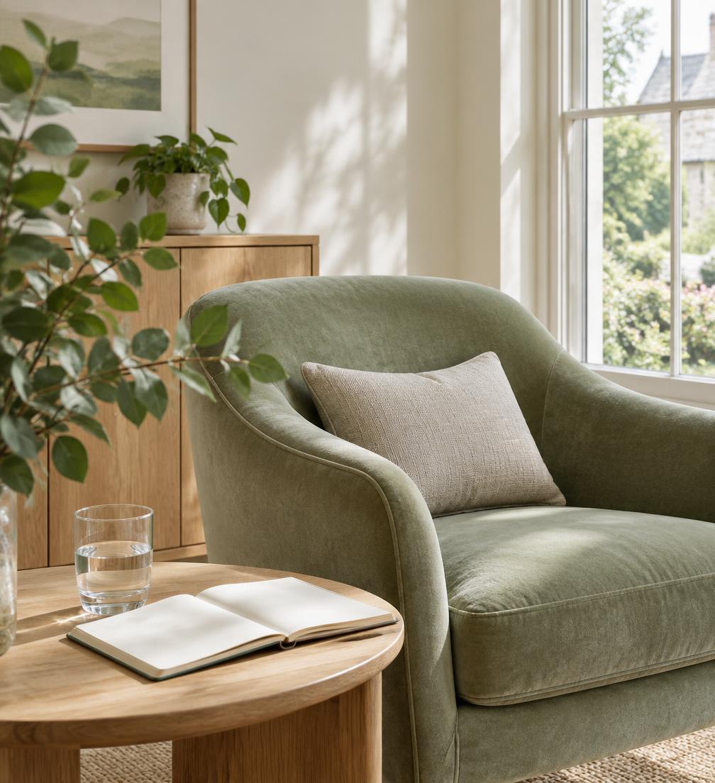 Illustrative sunlit consultation space with a sage green armchair